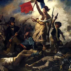 Mulher erguendo a bandeira tricolor à frente de uma multidão armada sobre barricadas.